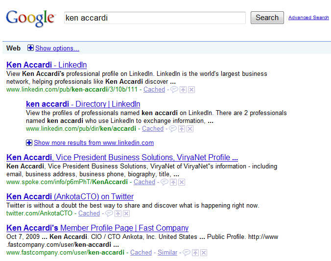 Google search for Ken Accardi reveals LinkedIn Profile