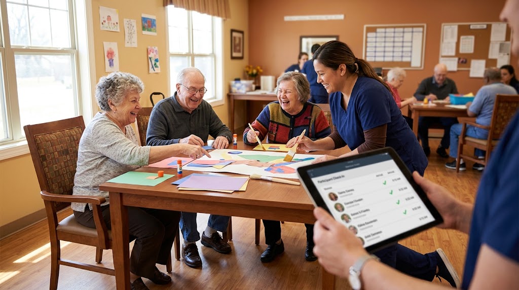 Adult day center participants in a group activity while staff record arrival times, representing attendance and outcome measures in adult day services