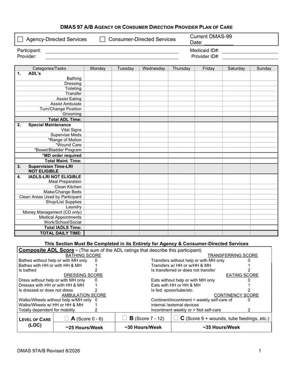 Virginia DMAS-97AB (DMAS-97A/B) Provider Plan of Care Revised 8/2026 fillable PDF, page 1