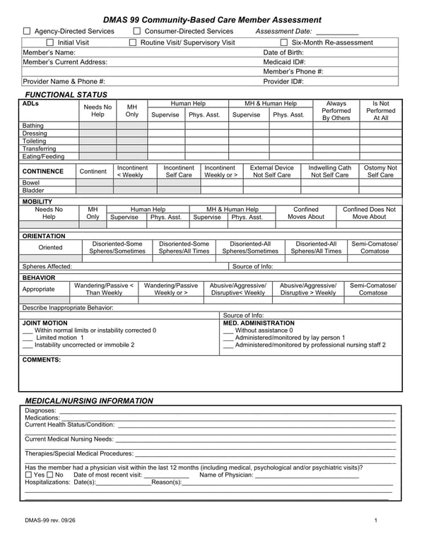 Virginia DMAS-99 Community-Based Care Member Assessment rev. 09/26 fillable PDF, page 1