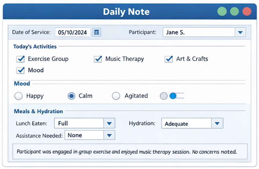 Adult day care documentation template example for daily notes and participant engagement