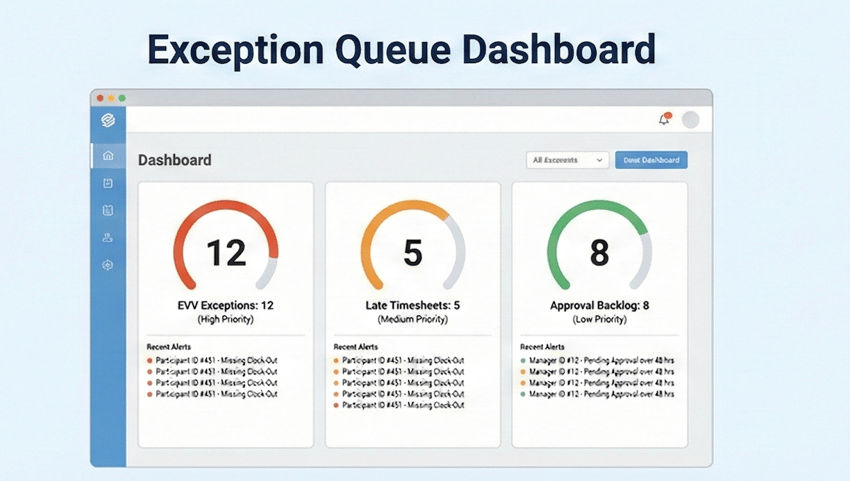 Operations dashboard showing EVV exceptions, late timesheets, and budget burn-rate alerts in a self-direction program