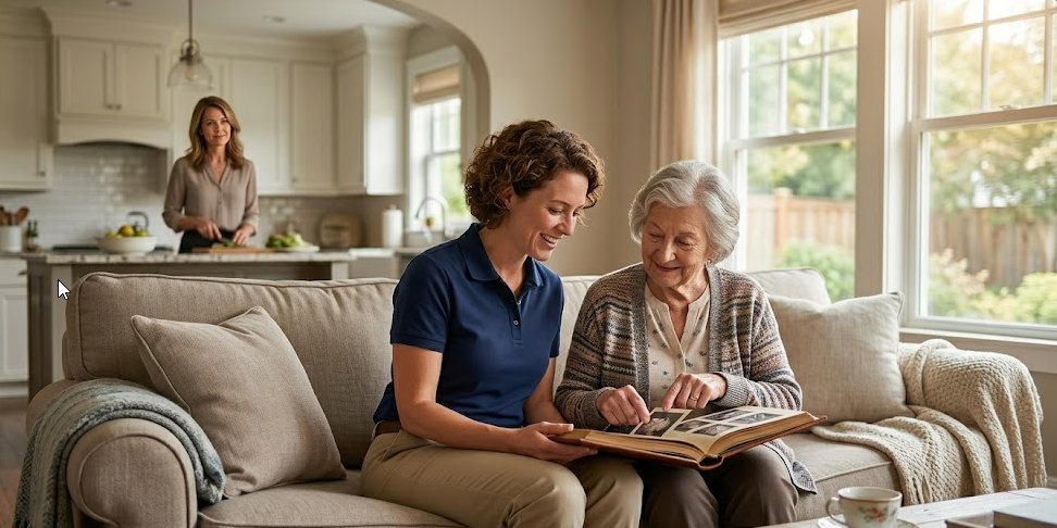 A professional caregiver building trust with a dementia patient and their family during a GUIDE respite visit.