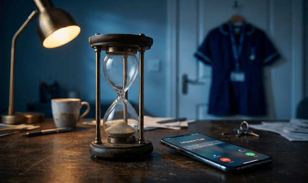 Hourglass running out of sand next to a phone showing a missed call, representing the four-day cliff where home care agencies lose caregiver applicants by responding too slowly.