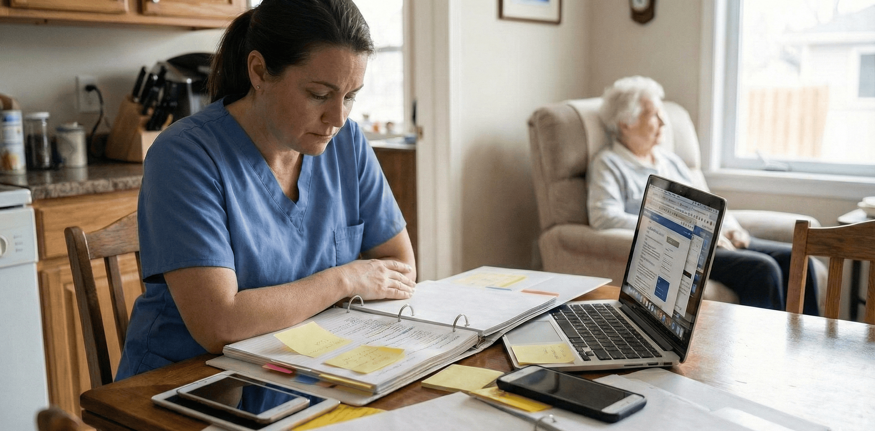 A home health care coordinator manages administrative tasks at a wooden table, surrounded by paper records, a laptop, and several mobile devices. The scene highlights the heavy documentation and multitasking required in care management, with a senior client visible in the background.