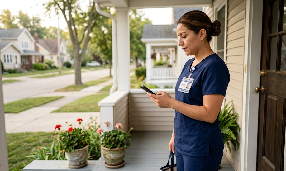 Home care caregiver clocking in on a mobile EVV app at a Missouri client's home, representing EVV-compliant clock-in and clock-out for Sandata
