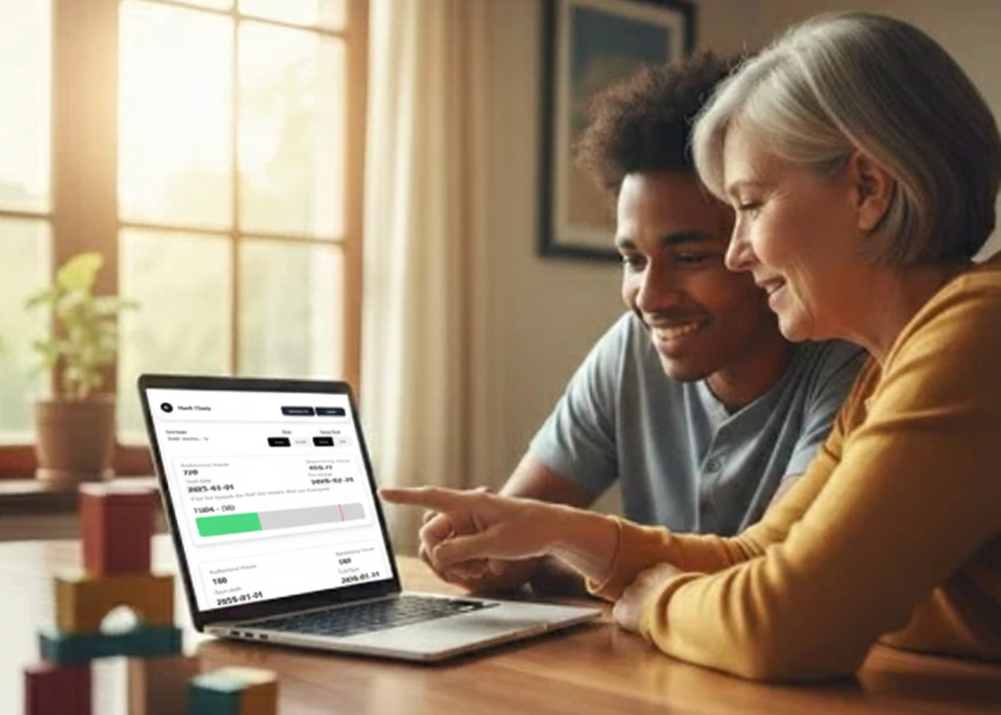 ANKOTA FMS app showing a real-time self-direction budget with expenses and services.