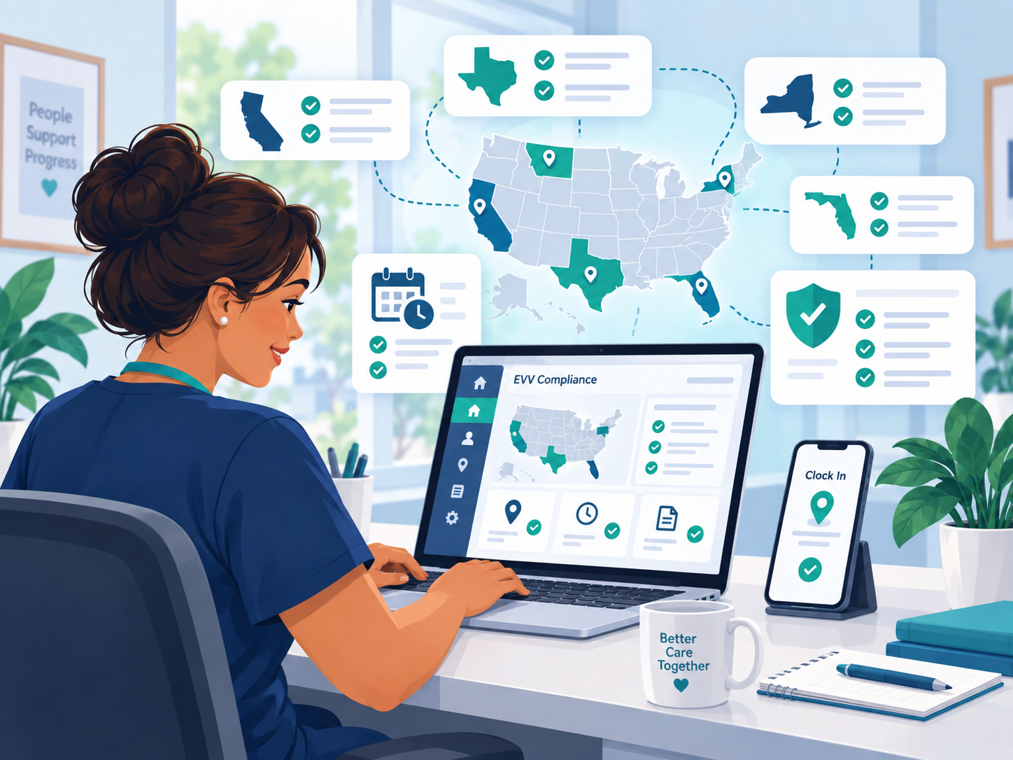 a woman looking at the screen of states with EVV compliance rules