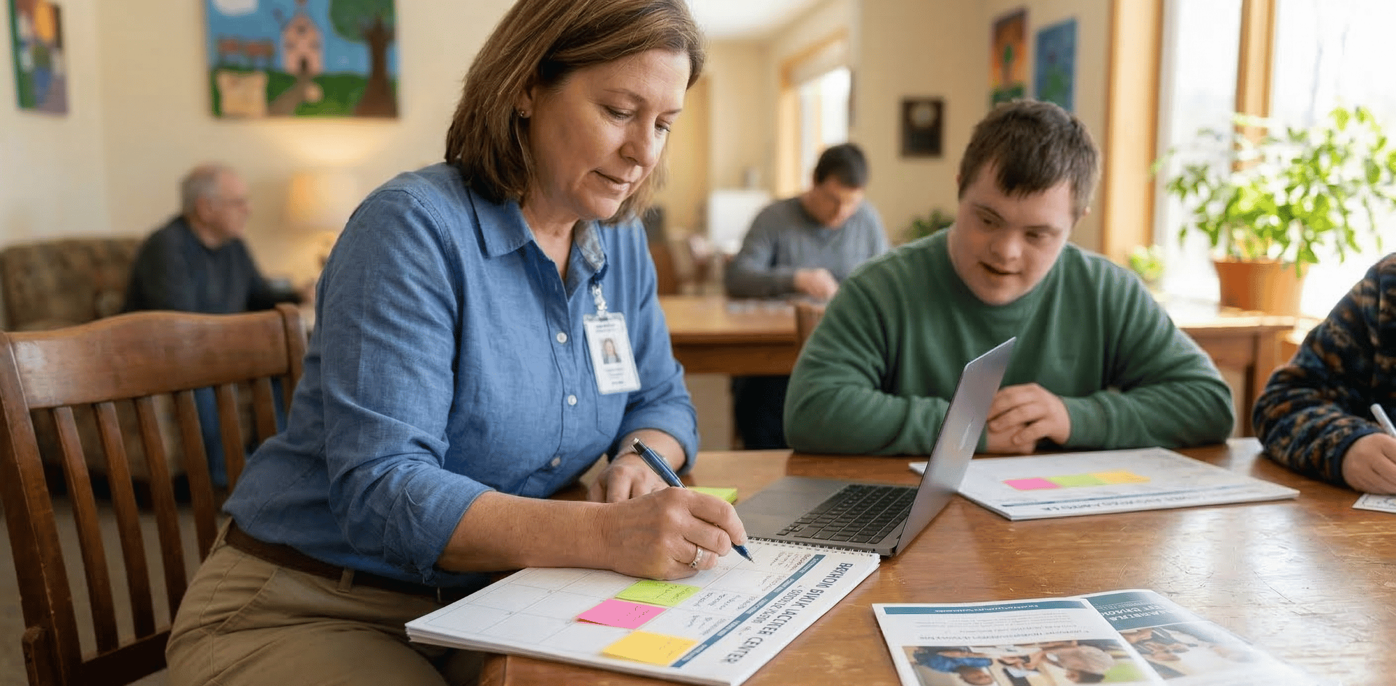 A caregiver and an individual with I/DD working together to build a personalized daily schedule, featuring Ankota program materials.