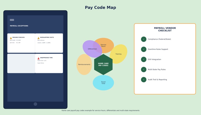 Home care payroll software dashboard showing exception alerts, pay code categories including travel time and differentials, and a vendor evaluation checklist