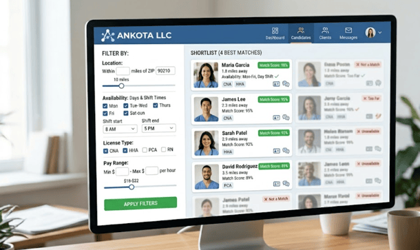 Caregiver recruiting software dashboard showing filters for ZIP code, availability, license type, and pay range, automatically shortlisting the best-matched candidates from a larger applicant pool.