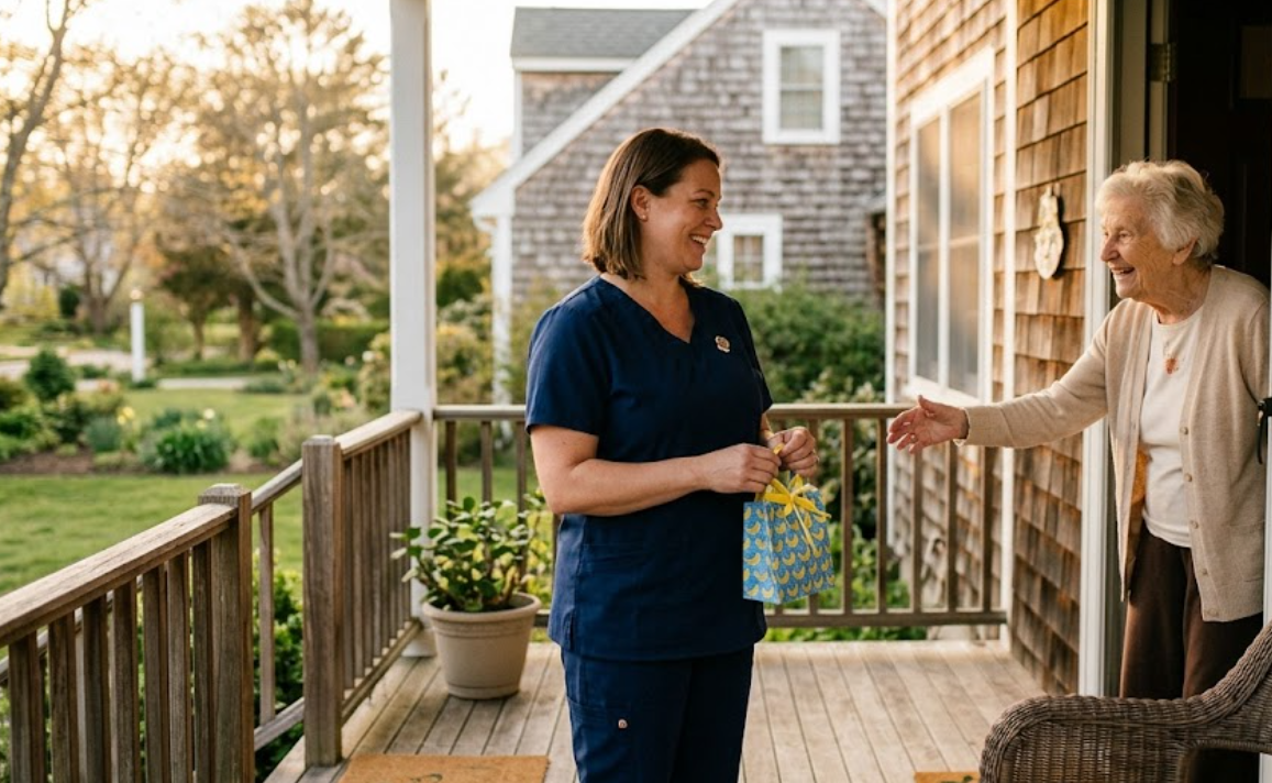 Familiar caregiver greeting an elderly client at her door with a small gift, representing continuity of care and caregiver appreciation that build family trust and retention
