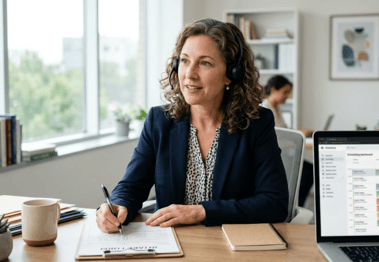 Home care case manager listening and taking a detailed intake history by phone, representing the thorough first call that protects families and prevents scheduling failures