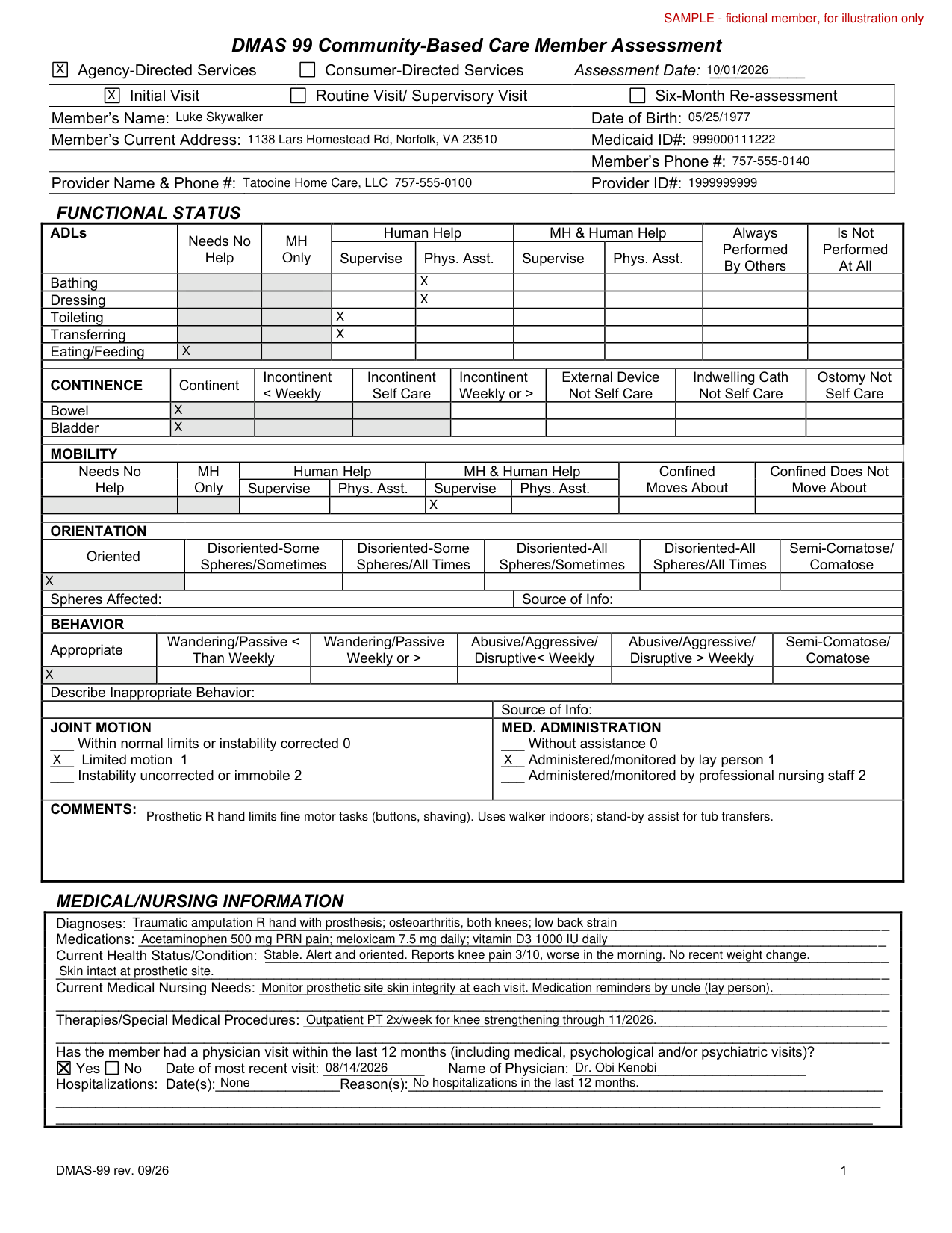 A completed DMAS-99, page 1, for a fictional member
